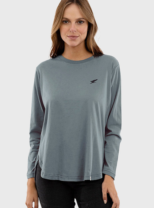Polera Orgánica Manga Larga Curve-Hem Petrol Blue (Mujer)